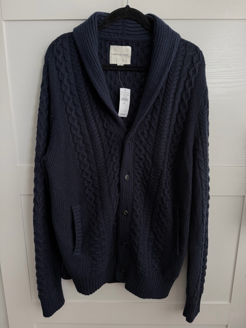 American Eagle Outfitters Navy Cable-Knit Shawl Collar Cardigan